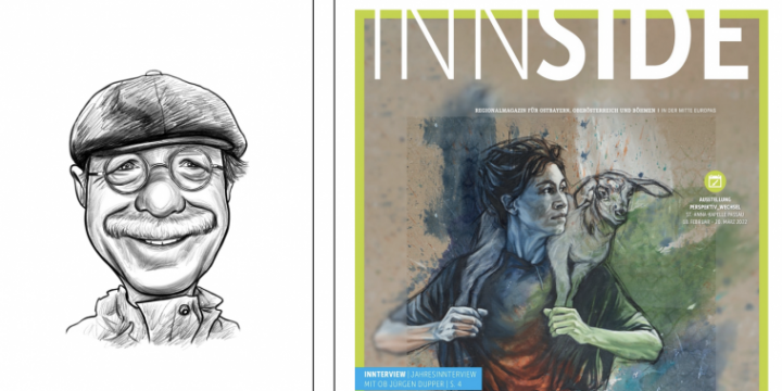 Gezeichnetes Porträtbild des Verlegers Gerd Jakobi und Coverbild der Februar-Ausgabe der INNside