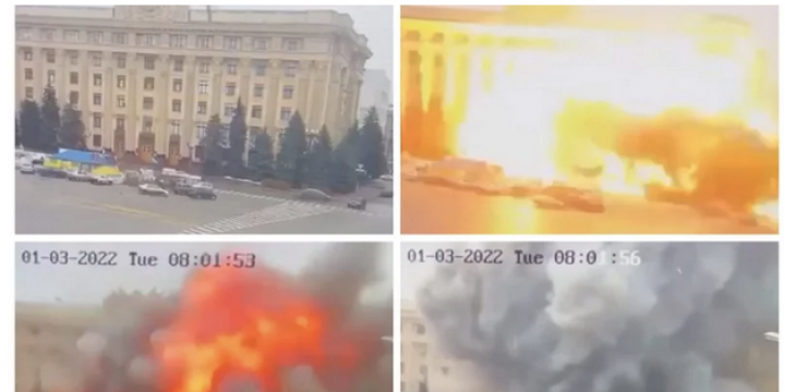 Vier Kriegsbilder, auf drei der Bilder werden Explosionen dokumentiert